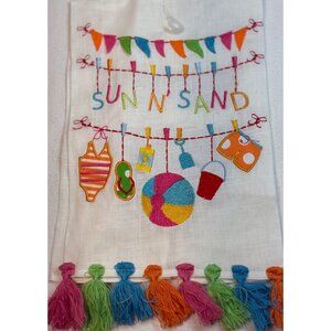 Mud Pie Sun and Sand Linen hand towel tassels embroidered Summer beach pool New